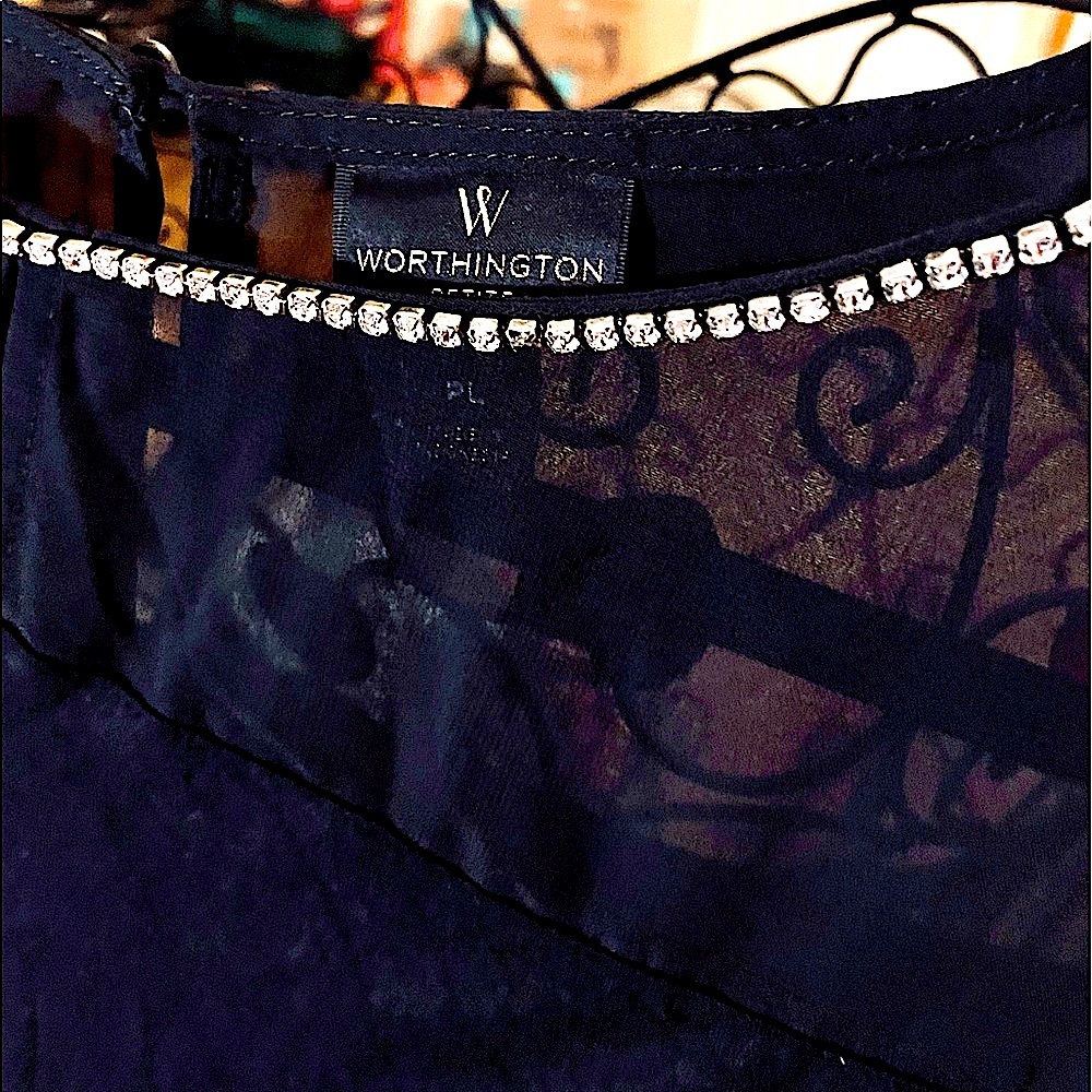NWOT WORTHINGTON PETITE LARGE RHINESTONE NECKLINE, SHEER SHOULDERS/SLEEVES, - Picture 8 of 13